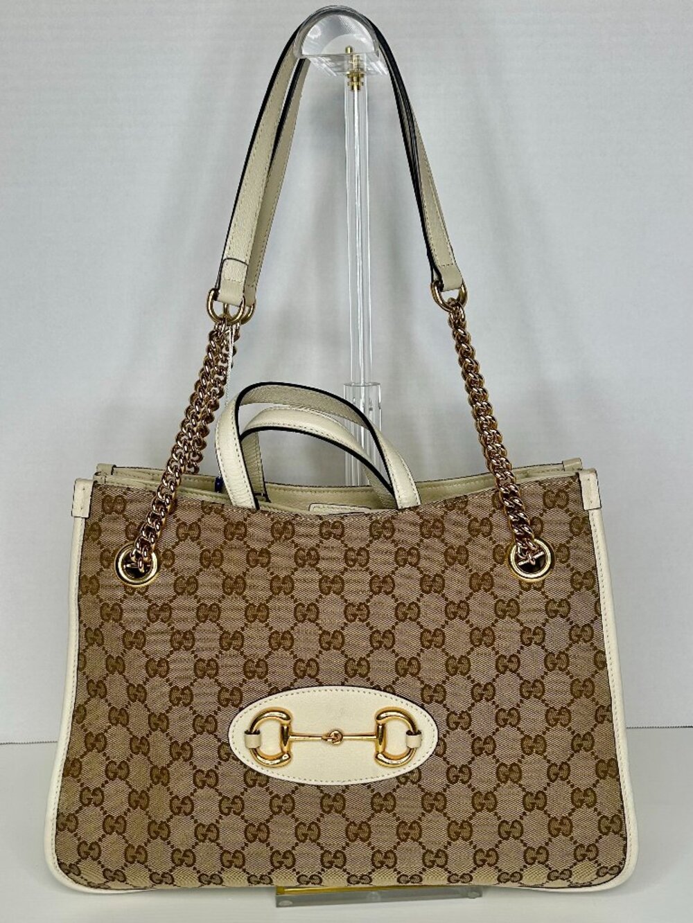 Gucci Horsebit 1955 Chain Tote Shoulder Handbag Medium Ivory Brown Canvas